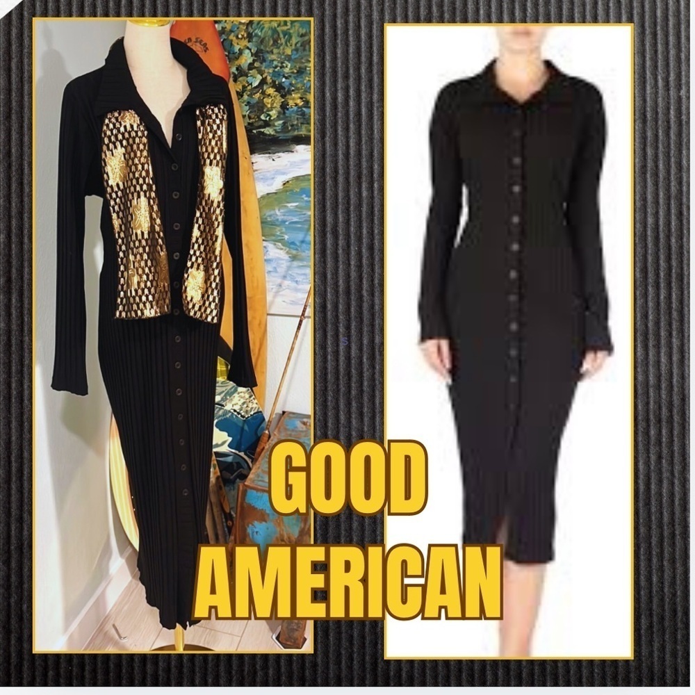 (HEAVY) Good American,Black,Wide-Ribbed Button-Down Midi Dress,NBW, Size 7/US 4X